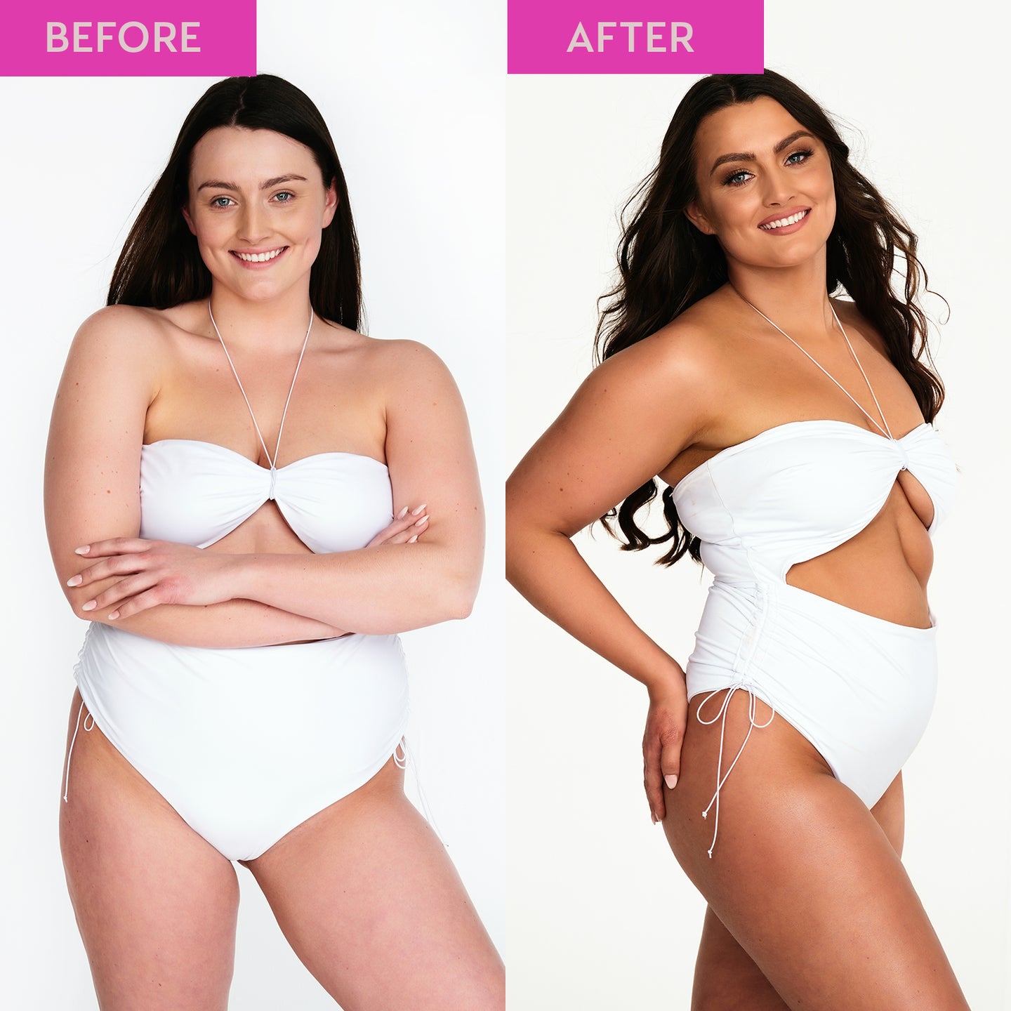 Before and after video of a model in a white bikini. The before clip shows pale skin while the second clip shows a natural, dark tan after use of the He-Shi Rapid 1 Hour Tan